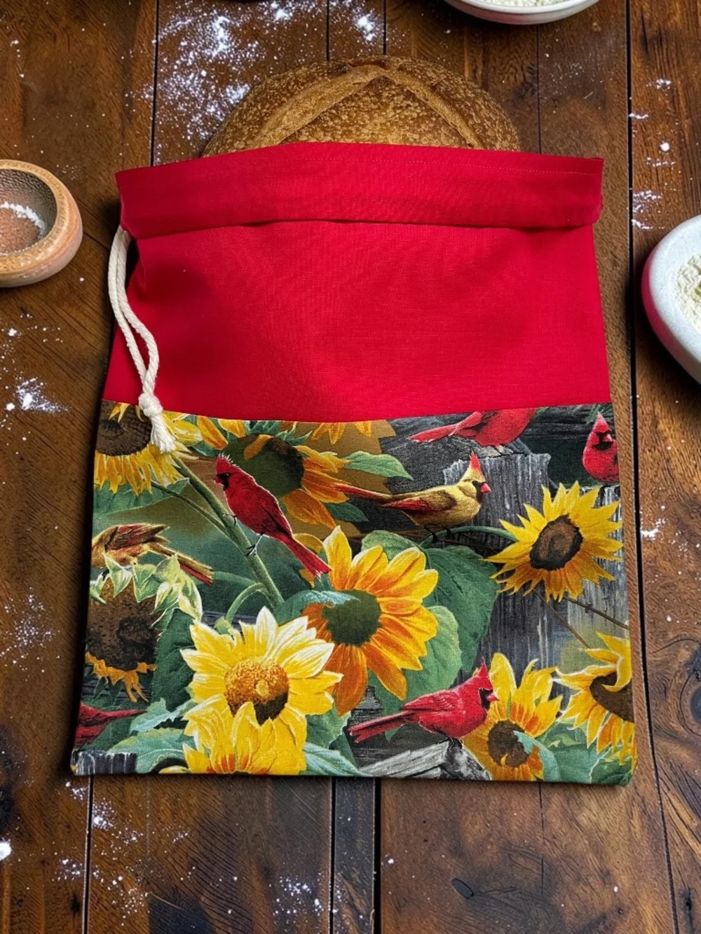 Red Cardinal & Sunflower Cotton Bread Bag, Reusable Sourdough Bread Keeper